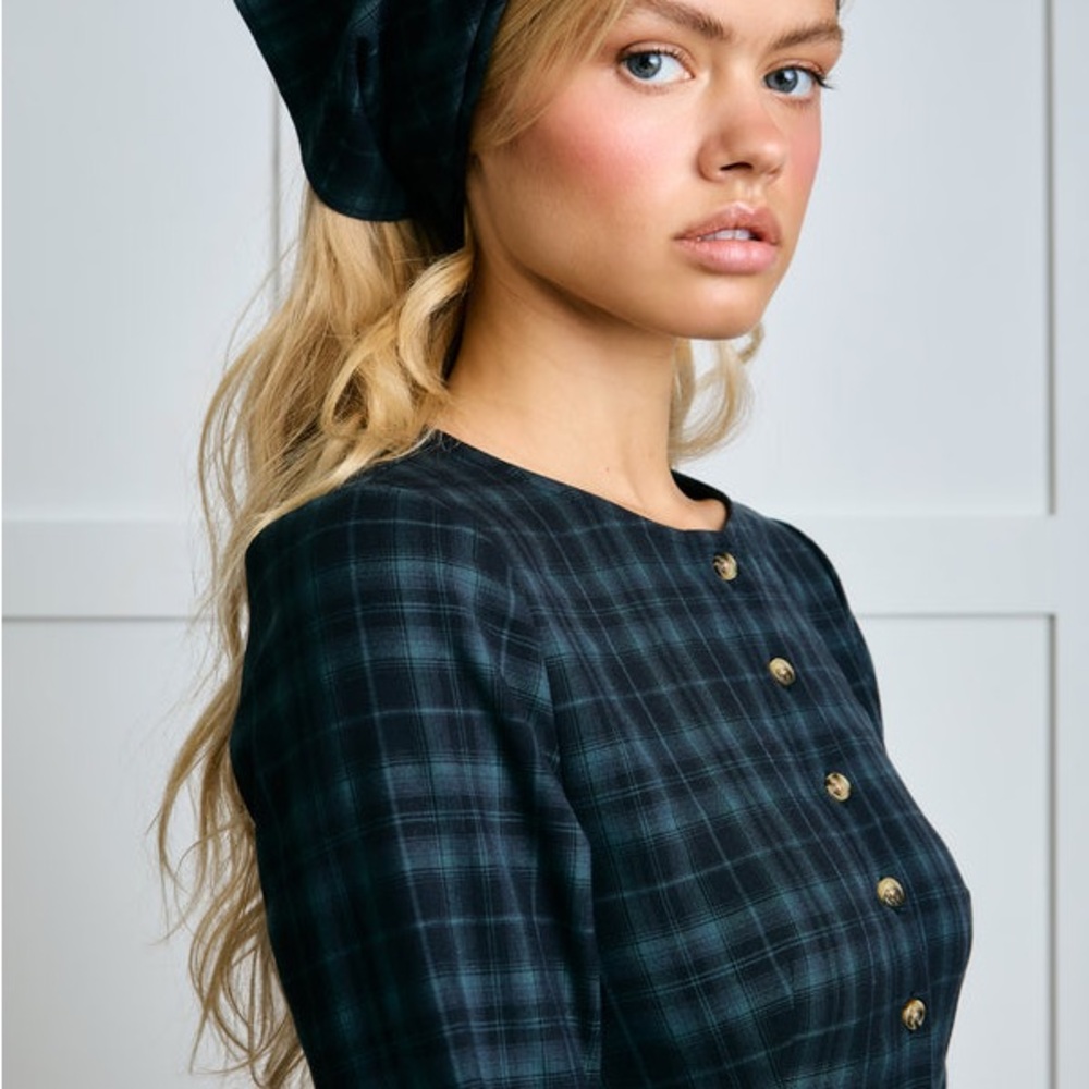 Classic Black Plaid Mini Dress with Gold Buttons